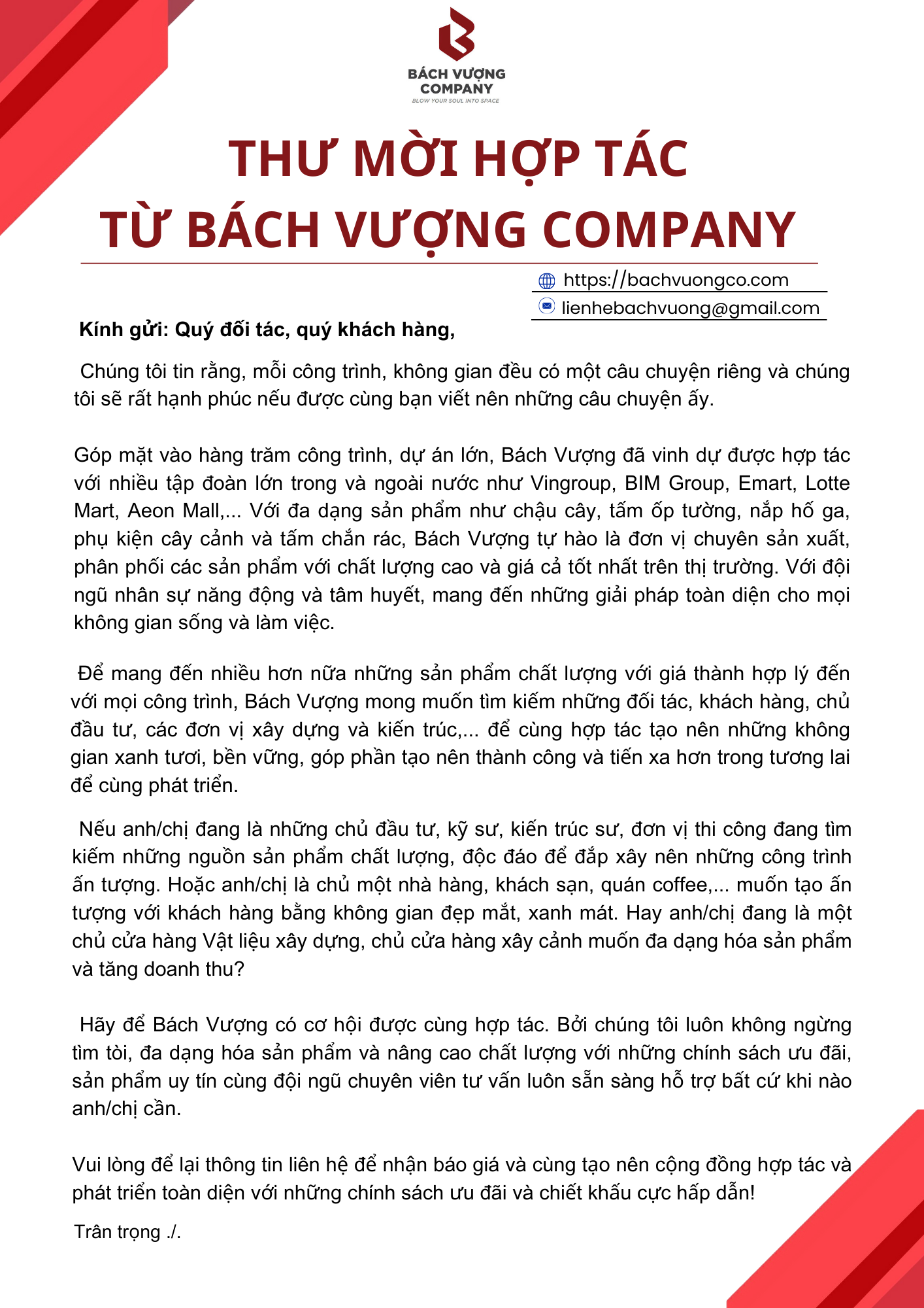 Lời mời hợp tác từ Bách Vượng Company